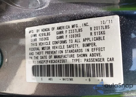 2012 Honda Accord 2.4 Lx-P z USA, uszkodzony, nr VIN 1HGCP2F49CA042567